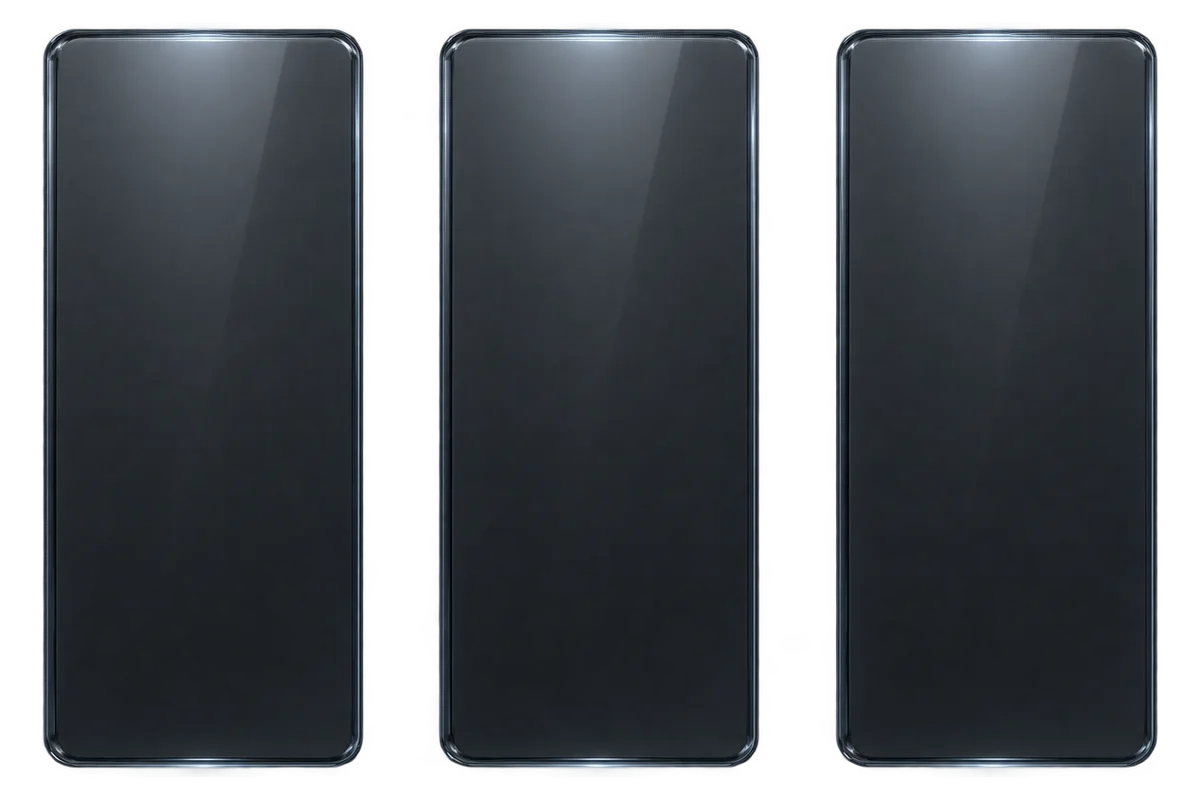 Three identical smoked glass panels standing in a row, evenly spaced and identically lit