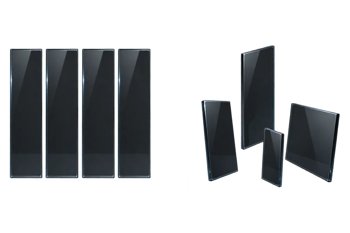 Two clusters of smoked glass panels of different arrangements, side by side