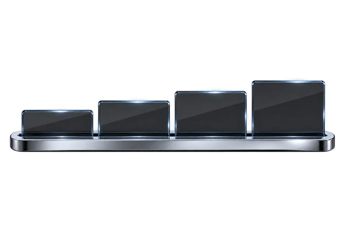 Smoked glass panels emerging in sequence from a chrome slot