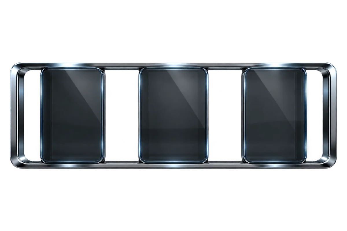 Three panes of smoked glass emerging from a larger frame