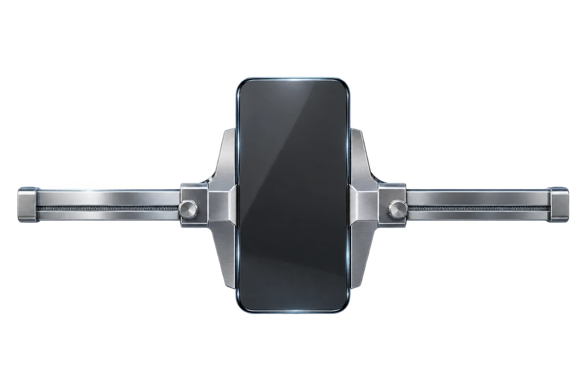 A glass phone panel held between the jaws of a precision caliper