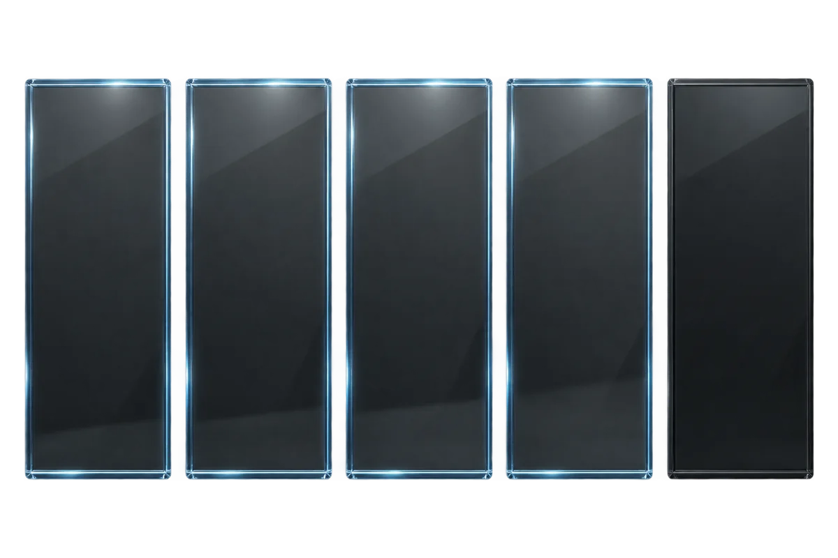A smoked glass panel standing apart from a group, unlit