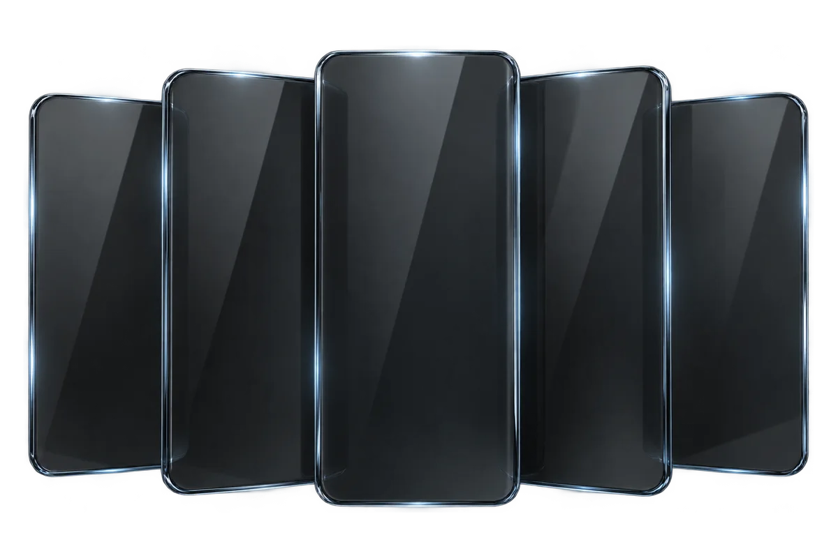 Five glass panels fanned out in a row, lit from above