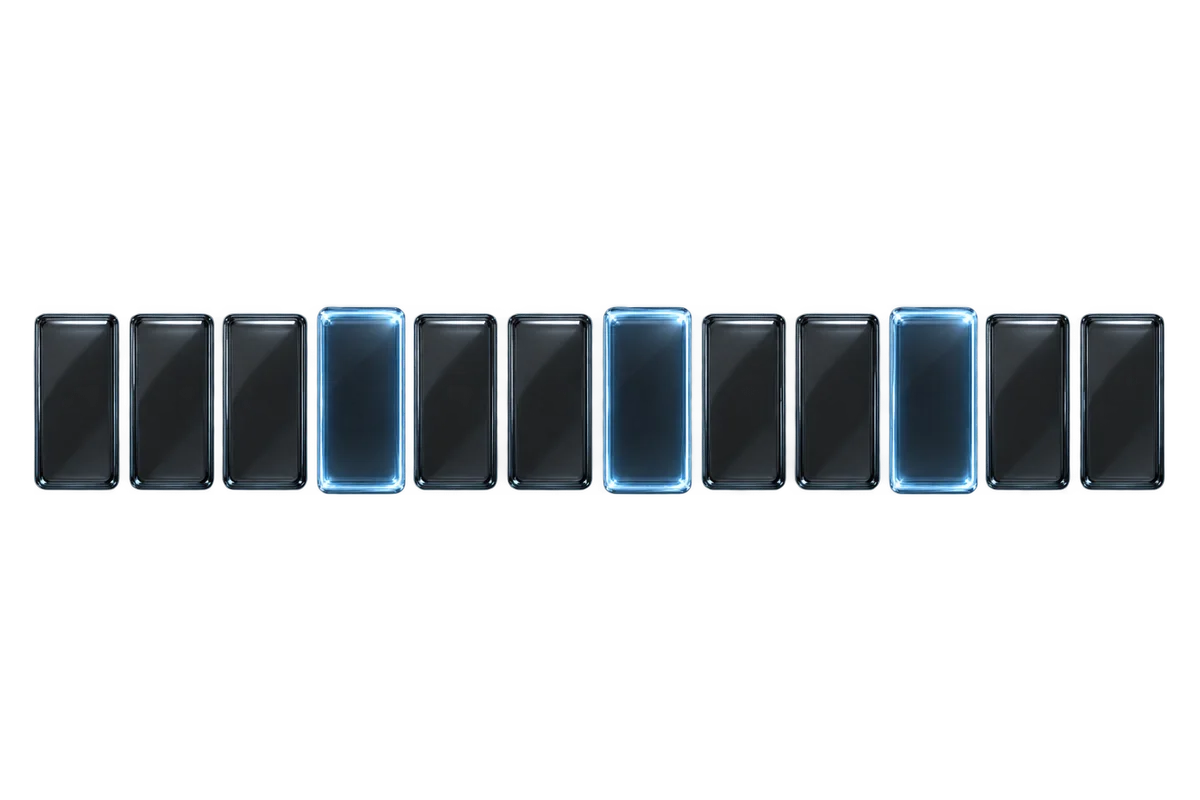 Smoked glass tiles spread in a wide row, three of them brightly lit