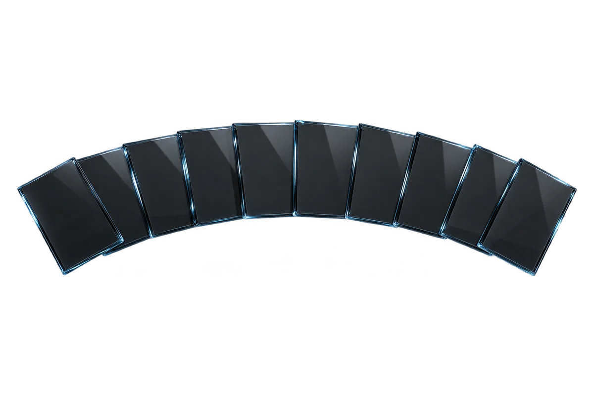 A wide arc of smoked glass tiles fanned across the frame