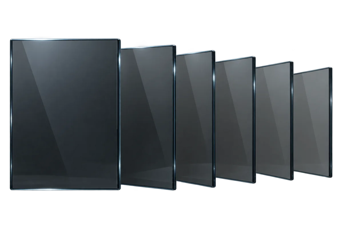 Several smoked glass panels fanned behind one lit panel