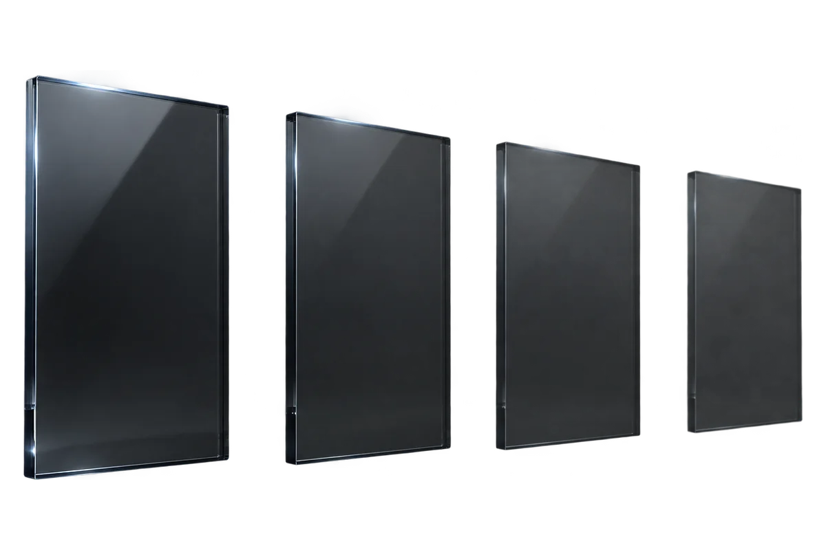 One lit smoked glass panel with three dimmer variants behind it