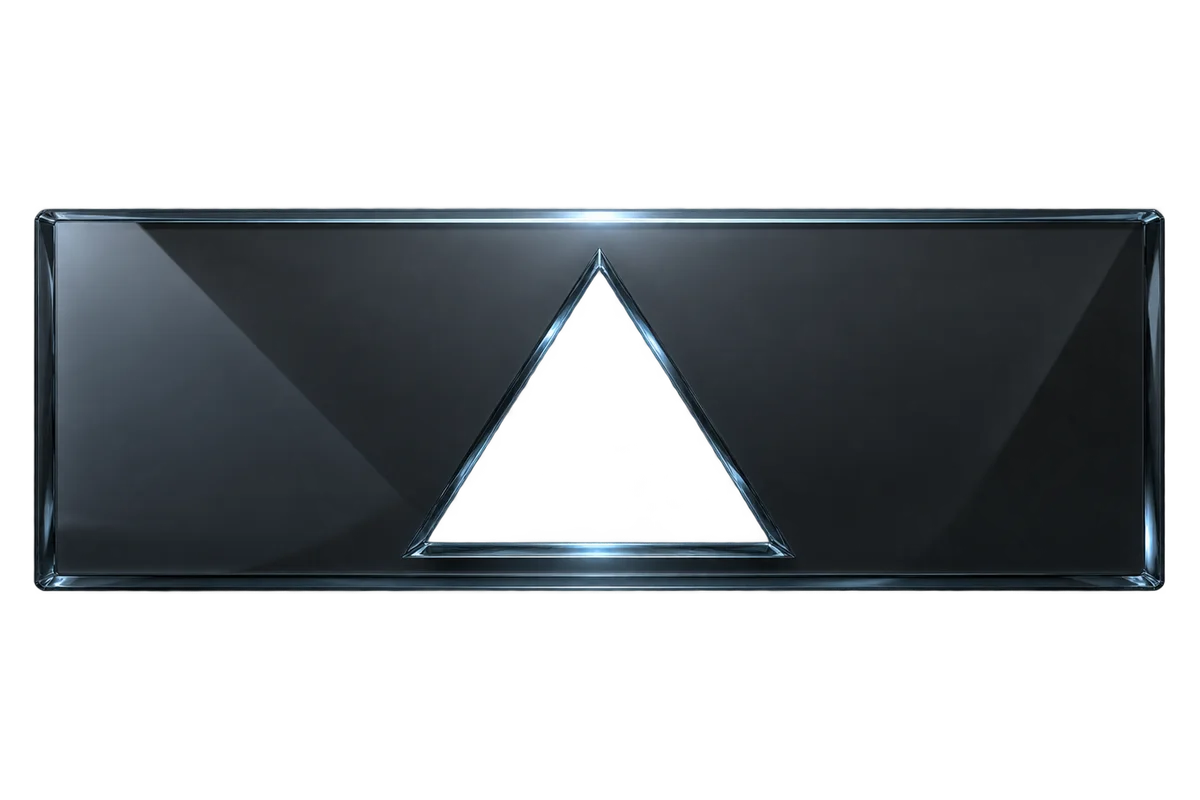 A smoked glass panel with a bright play triangle cut into its face