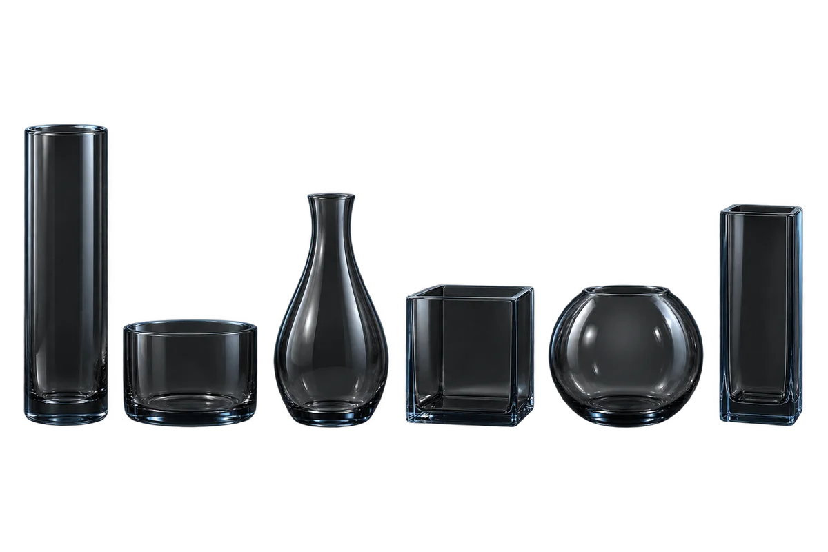 Six smoked glass panels of different shapes arranged across the frame