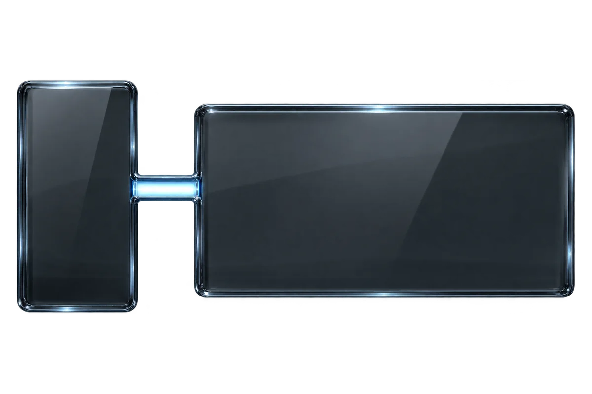 Two smoked glass panels of different widths joined by a bright beam