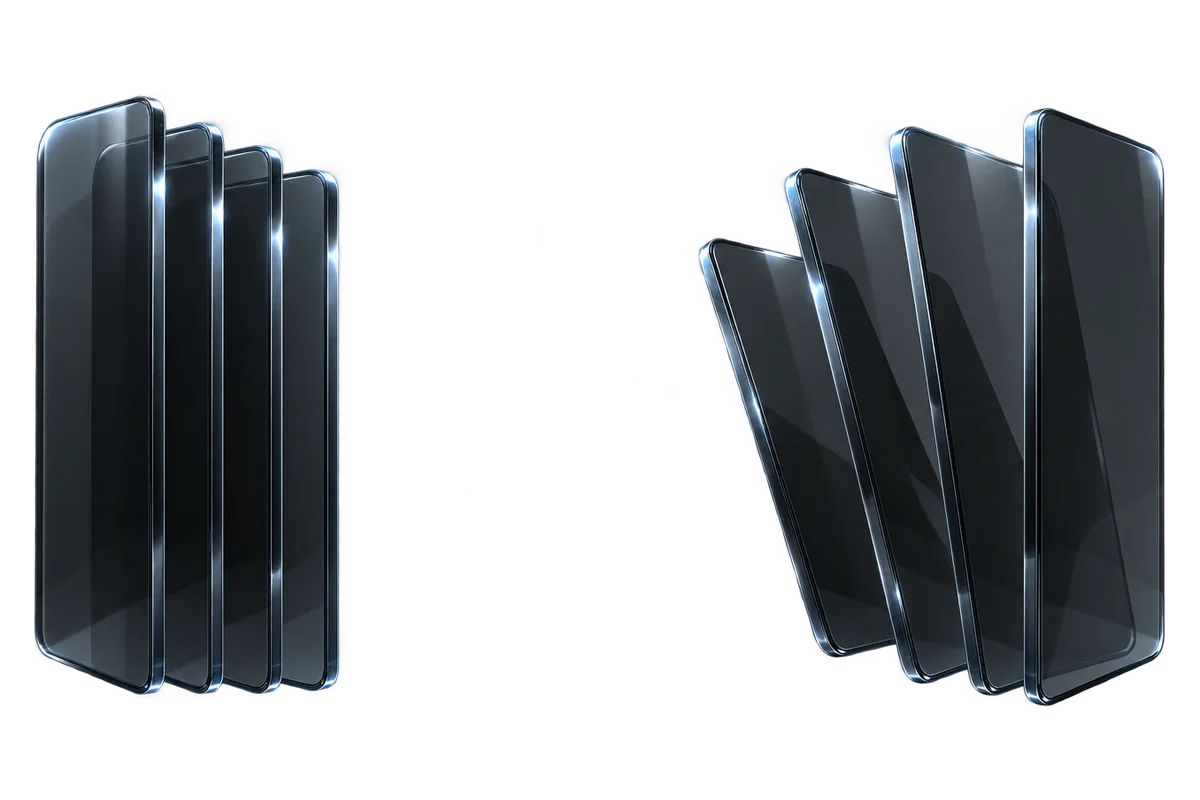 Two groups of smoked glass panels facing each other across a gap